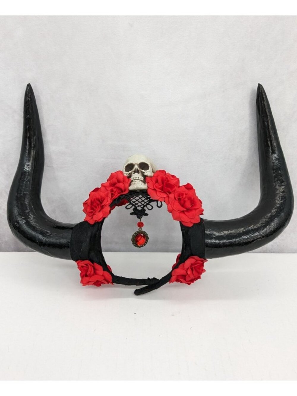 Gothic Horn Headband Skull Red Roses Lace Dangle Gem Halloween Costume One Size